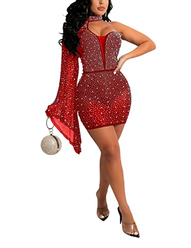 SEBOWEL Damen Glitzer Partykleid Sexy Kleid Bodycon Kleid Cocktailkleid Spaghetti Strap Minikleider Rot L von SEBOWEL