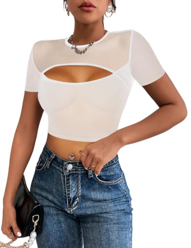 SEBOWEL Damen Netzoberteil Mesh Crop Tops Transparentes Shirt Festival Oberteile Party Club Nacht Bluse Weiß L von SEBOWEL