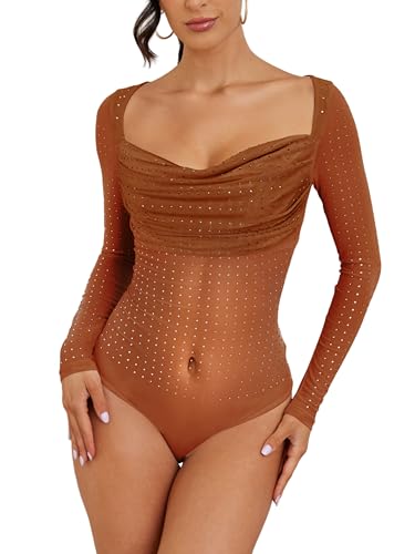 SEBOWEL Damen Sexy Sheer Mesh Bodysuit Langarm Strass Bodys Durchsichtige Trikot Jumpsuit Party Tops Braun XXL SEBOWEL Damen Sexy Sheer Mesh Bodysuit Langarm Strass Bodys Durchsichtige Trikot Jumpsuit Party Tops Braun XXL von SEBOWEL
