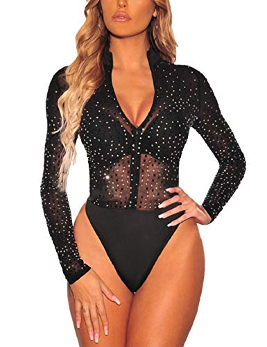 SEBOWEL Damen Sexy Sheer Mesh Bodysuit Strass Durchsichtige Langarm Trikot Jumpsuit Tops Bodycon Bluse T-Shirt Schwarz XL von SEBOWEL