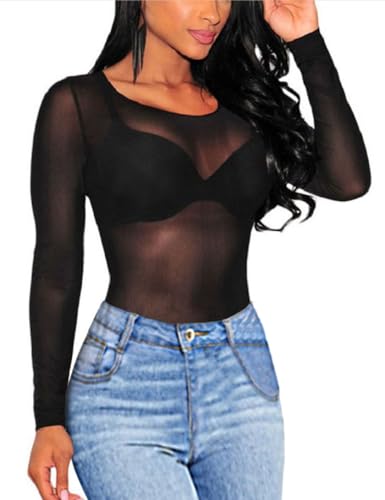 SEBOWEL Damen Sexy Sheer Mesh Oberteile Langarm Glitzer Top Mesh Shirt Transparent Oberteile Schwarz L von SEBOWEL