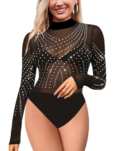 SEBOWEL Damen Sexy Strass Mesh Body Langarm Bodysuit Bluse Tops Schwarz XL von SEBOWEL