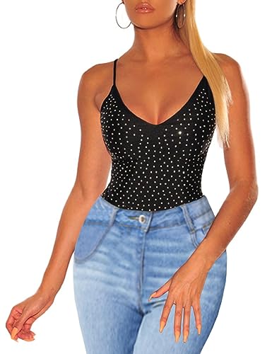 SEBOWEL Damen Sheer Mesh Tops Strass Durchsichtige Bodycon V-Ausschnitt Bluse Top Shirt Schwarz XXL von SEBOWEL