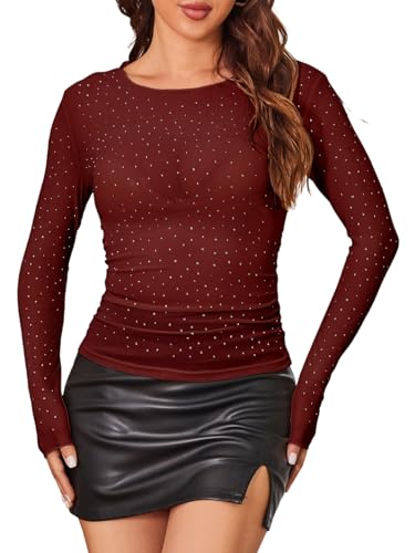 SEBOWEL Damen Transparent Oberteil Sexy Mesh Bluse Langarm Glitzer Top Party Festivals Shirts Rot M von SEBOWEL