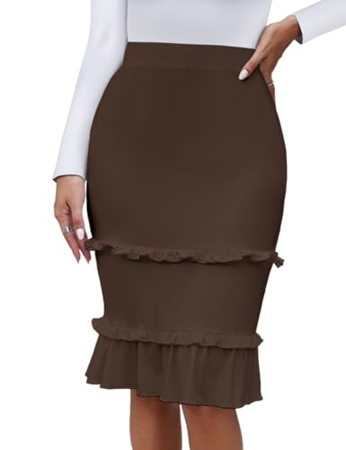 SEBOWEL Elegant Midirock Hohe Taille Skirt Bleistift Rock Freizeitrock Stretch Business Rock Kaffee M von SEBOWEL