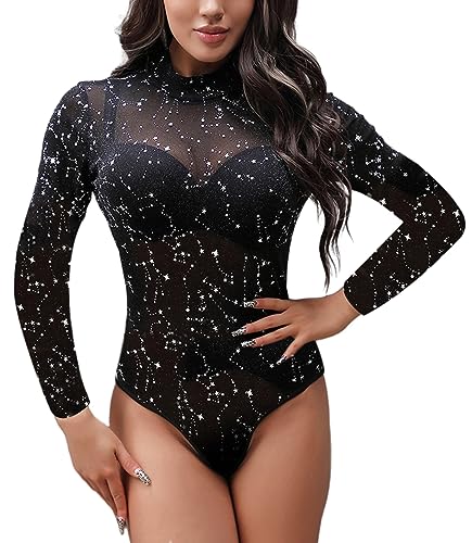 SEBOWEL Frauen Strass Langarm Bodysuit Mesh Durchsichtig Body Suit Tops Strampler Jumpsuit Top Club Outfits, 58# Schwarz, M von SEBOWEL