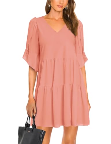 SEBOWEL Freizeitkleid Damen Gestuftes Kleider Skaterkleid Kurz Lose Kurzarm Minikleid Rosa M von SEBOWEL