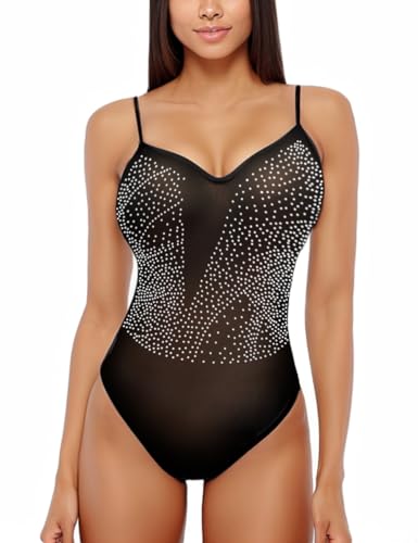 SEBOWEL Mesh Bodys für Damen Sexy Durchsichtiger Bodysuit Jumpsuit Overall Body Schwarz S von SEBOWEL