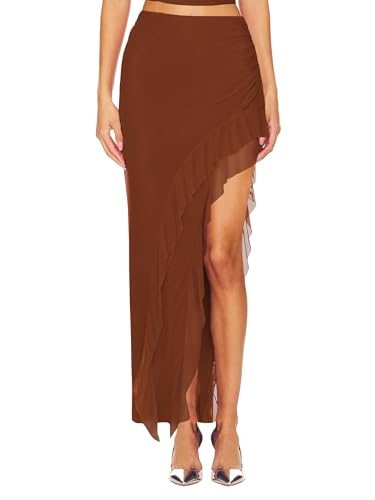 SEBOWEL Mesh Rock Damen Elegant Rüschen Rock Asymmetrisch Maxirock Musikfestival Outfit Partyrock Festival Rock Braun S von SEBOWEL