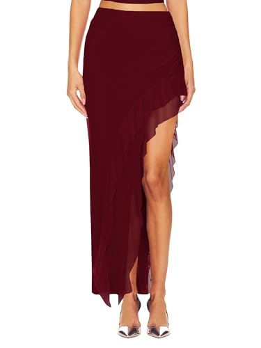 SEBOWEL Mesh Rock Damen Elegant Rüschen Rock Asymmetrisch Maxirock Musikfestival Outfit Partyrock Festival Rock Rot XXL von SEBOWEL