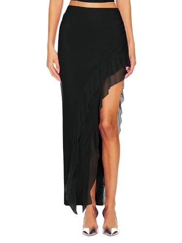 SEBOWEL Mesh Rock Damen Elegant Rüschen Rock Asymmetrisch Maxirock Musikfestival Outfit Partyrock Festival Rock Schwarz M von SEBOWEL