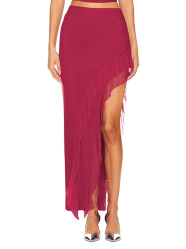 SEBOWEL Mesh Röcke für Damen Festival Rock Asymmetrisch Rüschen Rock Minirock Partyrock Elegant Maxirock Rot M von SEBOWEL