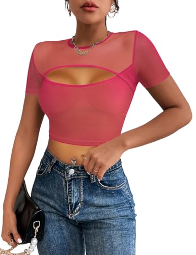 SEBOWEL Netzshirt Damen Mesh Oberteil Durchsichtiges Crop Shirt Festival Oberteile Rave Outfit Partyshirt Clubwear Rot L von SEBOWEL