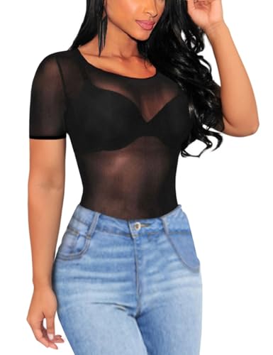 SEBOWEL Sheer Mesh Top Black Sheer Tops for Women Mesh Kurzarm Durchsichtiges Oberteil Schwarz L von SEBOWEL