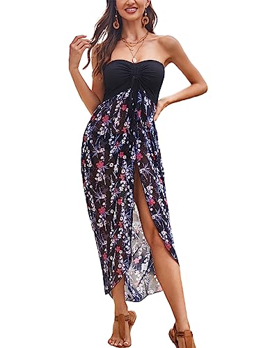 SEBOWEL Strandkleid für Damen Sommer Schulterfrei Kleid Strandponcho Kleider Bandeau Boho Lang Kleid Ärmelloses Elegant Beachdress Rosa L von SEBOWEL