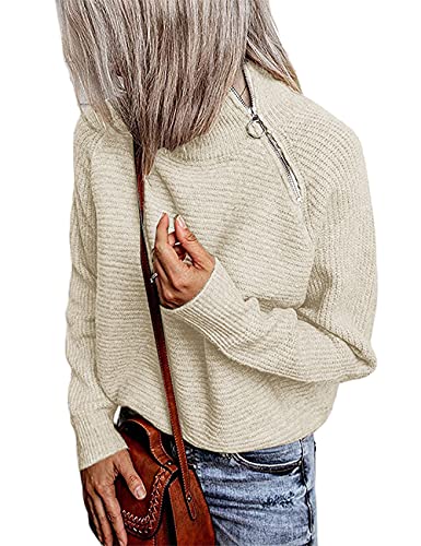 SEBOWEL Strickpullover Damen Langarm Pullover Einfarbig Rollkragenpullover Strickpulli Sweater Tops mit Reissverschluss(Aprikose,XL) von SEBOWEL