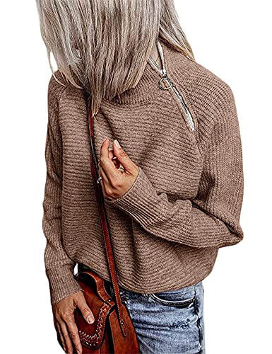 SEBOWEL Strickpullover Damen Langarm Pullover Einfarbig Rollkragenpullover Strickpulli Sweater Tops mit Reissverschluss(Khaki,L) von SEBOWEL