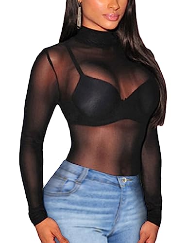 SEBOWEL Transparent Mesh Langarmshirt Mesh Oberteile Durchsichtige Shirt Sexy Oberteil Schwarz L von SEBOWEL