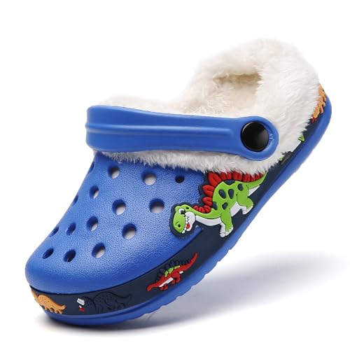 Lined Clogs Kinder Gefüttert Winter Pantoletten Gartenclogs Jungen Mädchen Hausschuhe rutschfeste Pantoffeln Warme Gartenschuhe Gummischuhe Winterclogs mit Fell Plüsch Pantoffeln Sandalen Blau 29 von SECHRITE