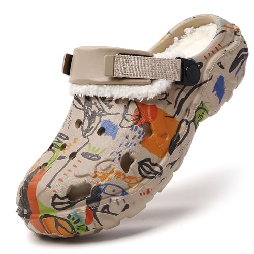 SECHRITE Clogs Gefüttert Damen Herren Winter Warm Hausschuhe Gummi Gartenclogs mit Fell Lined Clogs Winter Plüsch Outdoor Pantoletten Khaki 39-40 EU von SECHRITE
