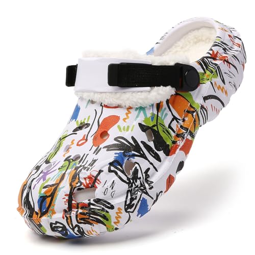 SECHRITE Clogs Gefüttert Damen Herren Winter Warm Hausschuhe Gummi Gartenclogs mit Fell Lined Clogs Winter Plüsch Outdoor Pantoletten Weiß 37-38 EU von SECHRITE