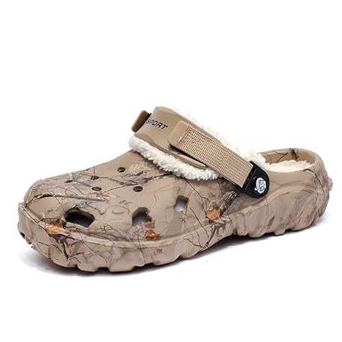 SECHRITE Clogs Gefüttert Herren Gartenclogs mit Fell Warm Winter Gartenschuhe Hausschuhe Pantoffeln Plüsch Pantoletten rutschfeste Outdoor Winterschuhe Khaki 45 EU von SECHRITE