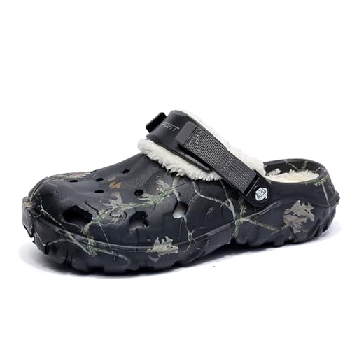 SECHRITE Clogs Gefüttert Herren Gartenclogs mit Fell Warm Winter Gartenschuhe Hausschuhe Pantoffeln Plüsch Pantoletten rutschfeste Outdoor Winterschuhe Schwarz 44 EU von SECHRITE