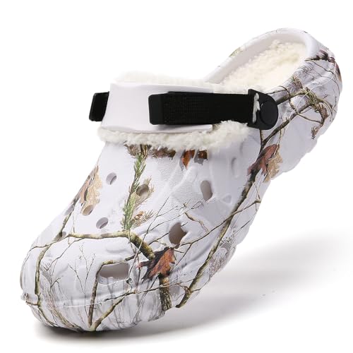 SECHRITE Clogs Gefüttert Herren Gartenclogs mit Fell Warm Winter Gartenschuhe Hausschuhe Pantoffeln Plüsch Pantoletten rutschfeste Outdoor Winterschuhe Weiß 44 EU von SECHRITE