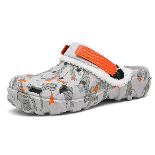 SECHRITE Clogs Gefüttert Pantoletten Herren Warm Hausschuhe Gartenclogs mit Fell Gartenschuhe Winter Plüsch Pantoletten Orange 43 EU von SECHRITE