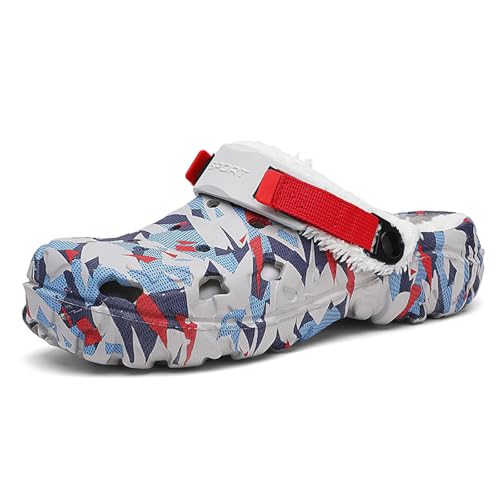 SECHRITE Clogs Gefüttert Pantoletten Herren Warm Hausschuhe Gartenclogs mit Fell Gartenschuhe Winter Plüsch Pantoletten Rot 47 EU von SECHRITE