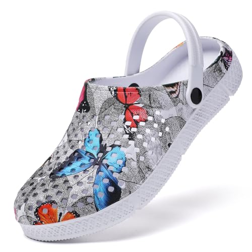 SECHRITE Damen Clogs Gartenschuhe Hausschuhe Sport Pantoletten Atmungsaktiv Komfort Hausschuhe Schmetterlingsdruck Leichte Sommer Strand Sandalen Wasserschuhe Grau Schmetterling 42 EU von SECHRITE