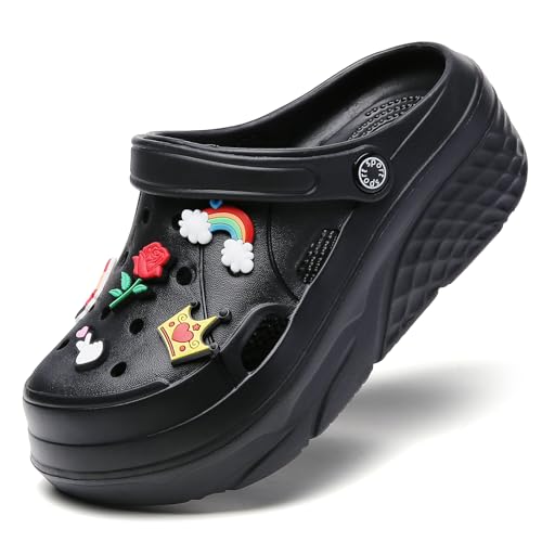 SECHRITE Damen Plattform Clogs Atmungsaktiv Plateau-Sandalen Holzschuh Bequem Gartenschuhe Classic Schaum Hausschuhe für Erwachsene Schwarz Lippenstift 39 EU von SECHRITE