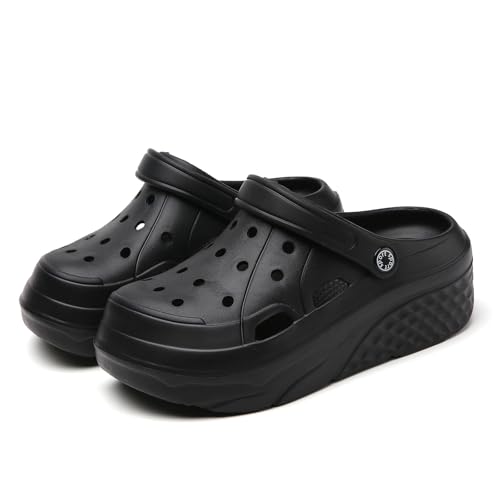 SECHRITE Damen Plattform Clogs Atmungsaktiv Plateau-Sandalen Holzschuh Bequem Gartenschuhe Classic Schaum Hausschuhe für Erwachsene Schwarz Perle 38 EU von SECHRITE