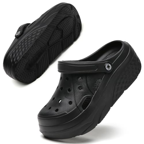 SECHRITE Damen Plattform Clogs Atmungsaktiv Plateau-Sandalen Holzschuh Bequem Gartenschuhe Classic Schaum Hausschuhe für Erwachsene Schwarz Schmetterling 37 EU von SECHRITE