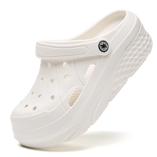 SECHRITE Damen Plattform Clogs Atmungsaktiv Plateau-Sandalen Holzschuh Bequem Gartenschuhe Classic Schaum Hausschuhe für Erwachsene Weiß 38 EU von SECHRITE
