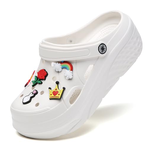 SECHRITE Damen Plattform Clogs Atmungsaktiv Plateau-Sandalen Holzschuh Bequem Gartenschuhe Classic Schaum Hausschuhe für Erwachsene Weiß Lippenstift 41 EU von SECHRITE