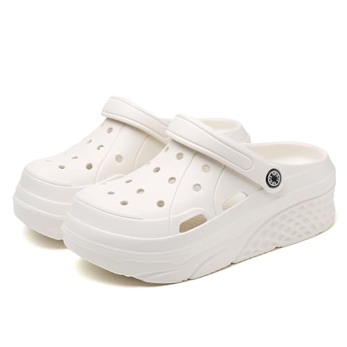 SECHRITE Damen Plattform Clogs Atmungsaktiv Plateau-Sandalen Holzschuh Bequem Gartenschuhe Classic Schaum Hausschuhe für Erwachsene Weiß Perle 40 EU von SECHRITE