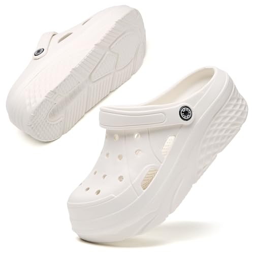 SECHRITE Damen Plattform Clogs Atmungsaktiv Plateau-Sandalen Holzschuh Bequem Gartenschuhe Classic Schaum Hausschuhe für Erwachsene Weiß Schmetterling 38 EU von SECHRITE