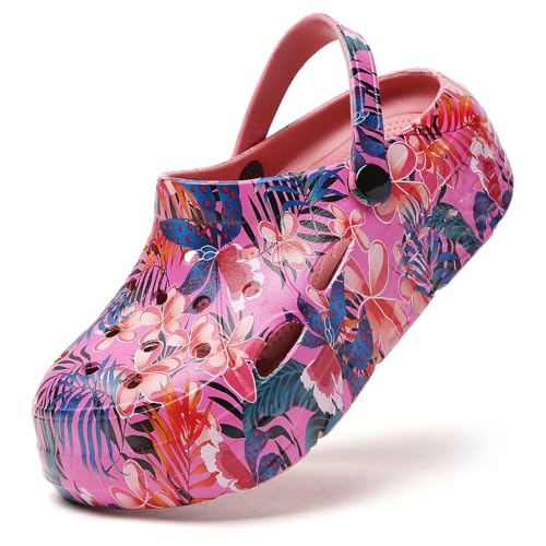 SECHRITE Gartenschuhe Damen Clog Gartenclogs Sommer Hausschuhe Gummilatschen Pantoletten Badeschuh Gummischuhe Leicht Atmungsaktive Eva Gummi Clogs Rot Tropisch 40 von SECHRITE
