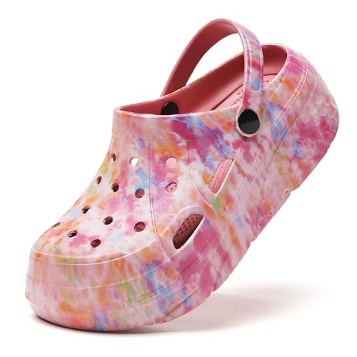 SECHRITE Gartenschuhe Damen Clog Gartenclogs Sommer Hausschuhe Gummilatschen Pantoletten Badeschuh Gummischuhe Leicht Atmungsaktive Eva Gummi Clogs Roter Batik 38 von SECHRITE