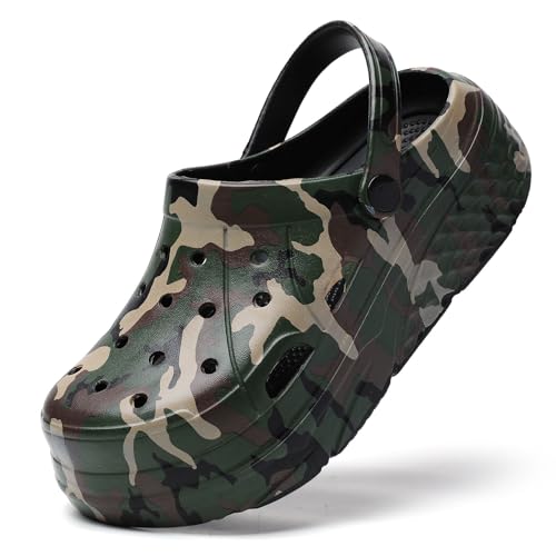 SECHRITE Gartenschuhe Damen Clog Gartenclogs Sommer Hausschuhe Gummilatschen Pantoletten Badeschuh Gummischuhe Leicht Atmungsaktive Eva Gummi Clogs Schwarz Camouflage 38 von SECHRITE