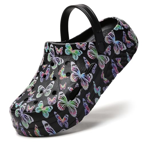 SECHRITE Gartenschuhe Damen Clog Gartenclogs Sommer Hausschuhe Gummilatschen Pantoletten Badeschuh Gummischuhe Leicht Atmungsaktive Eva Gummi Clogs Schwarz Schmetterling 42 von SECHRITE
