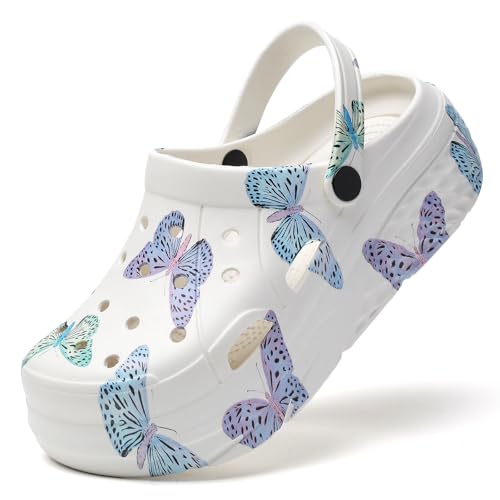 SECHRITE Gartenschuhe Damen Clog Gartenclogs Sommer Hausschuhe Gummilatschen Pantoletten Badeschuh Gummischuhe Leicht Atmungsaktive Eva Gummi Clogs Weißer Schmetterlingsdruck 39 von SECHRITE