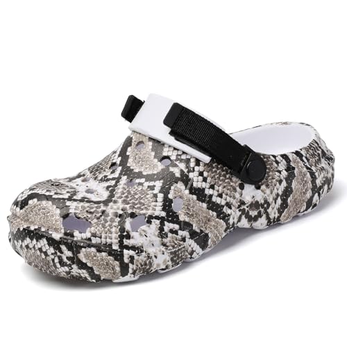 SECHRITE Gartenschuhe Herren Clogs Damen Hausschuhe Gummischuhe Sommer Gartenclogs Unisex Schlangenmuster Leicht Atmungsaktiv Wasserdicht rutschfest Eva Pantoletten Weiß 35-36 EU von SECHRITE