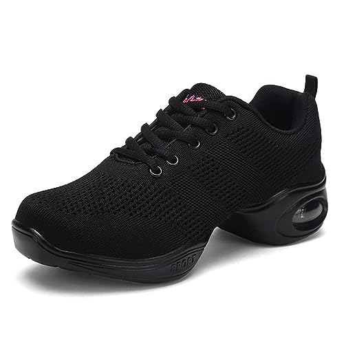 SECHRITE Jazzschuhe Damen Jazz Schuhe Tanzschuhe Tanzsneaker Modern Mesh Geteilte Sohle Lace Up Luftkissen Schuhe Sportlich Fitness Wanderschuhe Schwarz 35 EU von SECHRITE