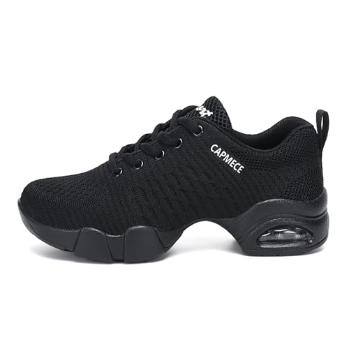 SECHRITE Jazzschuhe Tanzen Schuhe Damen Jazz Tanzschuhe Tanzsneaker Modern Mesh Geteilte Sohle Lace Up Luftkissen Laufschuhe Sportlich Wanderschuhe Schwarz 38 EU von SECHRITE