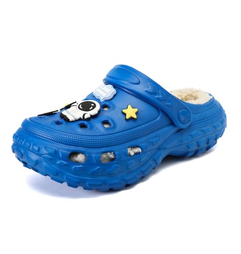 SECHRITE Kinder Lined Clogs Gartenschuhe Gefüttert Pantoletten Winter Gummi Clogs Warme Hausschuhe Jungen Mädchen Wasserdicht Plüsch Pantoffeln Atmungsaktiv rutschfeste Schlappen mit Fell Blau von SECHRITE