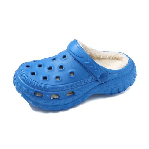 SECHRITE Kinder Lined Clogs Gartenschuhe Gefüttert Pantoletten Winter Warme Hausschuhe Jungen Mädchen Wasserdicht Plüsch Pantoffeln Atmungsaktiv rutschfeste Schlappen mit Fell Blau von SECHRITE