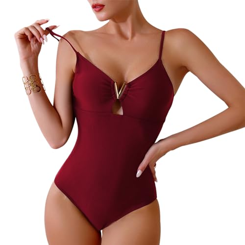 Badeanzug Damen Bauchweg V Ausschnitt Bademode Damen Sexy Push up Shape Monokini Verstellbarer Schultergurt Madeanzug Curvy Tiefer Rückenausschnitt mit Cups Rosa M von SEDEX