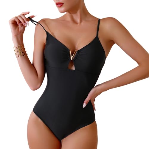 Badeanzug Damen Bauchweg V Ausschnitt Bademode Damen Sexy Push up Shape Monokini Verstellbarer Schultergurt Madeanzug Curvy Tiefer Rückenausschnitt mit Cups Schwarz XXL von SEDEX